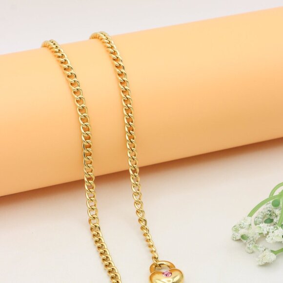 Chunky Gold Chain Necklace with Heart Pendant and Pink Stone, XPNL0372 - Picture 11 of 12